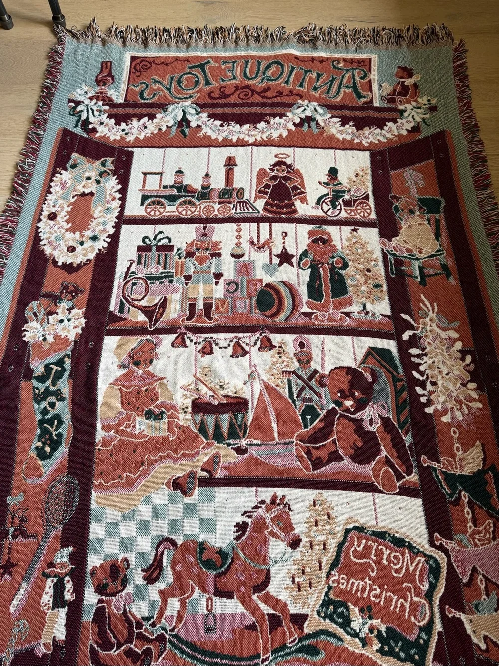 Vintage Fieldcrest Antique Holiday Throw Blanket - Burgundy, Green, Cream